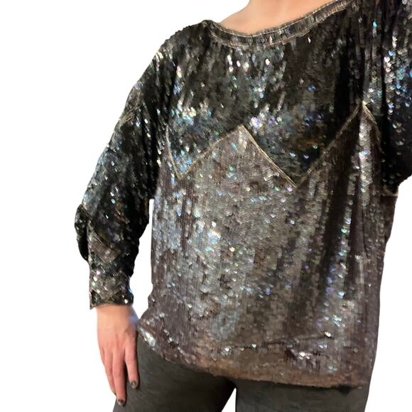 Vintage Judith Ann Creations Silk Sequin Top Large Art Deco Party Glam 80s Retro - Picture 10 of 12